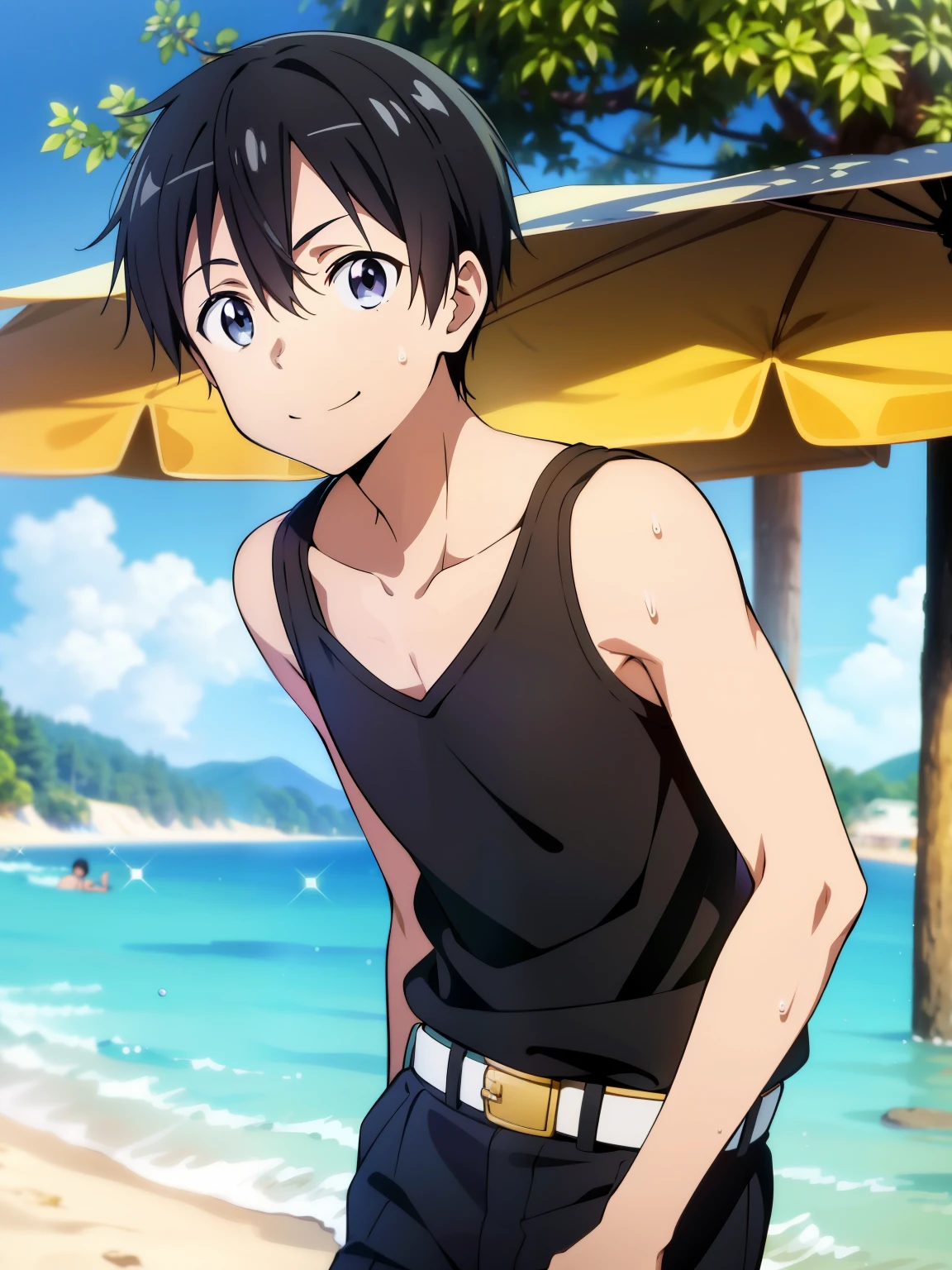 Highres, Masterpiece, Best quality at best,Best Quality,hight quality, hight detailed, Anime style, 1boy, Shota, young boy, kirito, black hair, black eyes, hair between eyes, solo, 1boy, smile, beach, Tank top, upper body, belt, (very young boy), (very small and short body), smile, Blurry beckground, cute boy, Uhd, bokeh, sweat