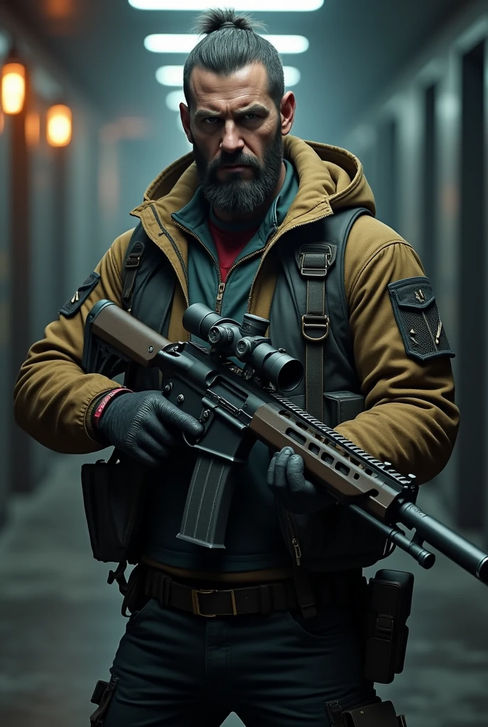 A bearded man with a scar on his eye and a pistol in his hand in red clothes