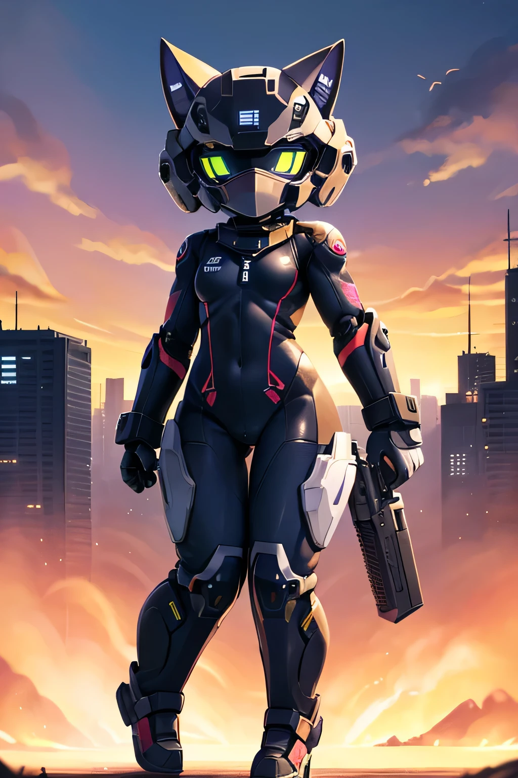 girl、Helmet Design、robot、Late Night、cyborg、cat、Full Face Maskを被る、Transformation Heroine、Tight Suit、Pilot Suit、、Combat knife、Handgun、幼いgirl、Urban camouflage、Full Face Mask、Full body portrait、Sentai Heroine