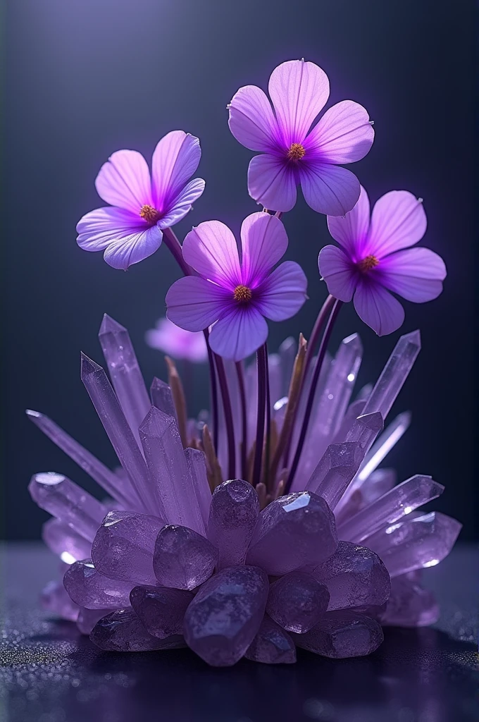Bunch of viola flowers and crystals in a dark pale purple background