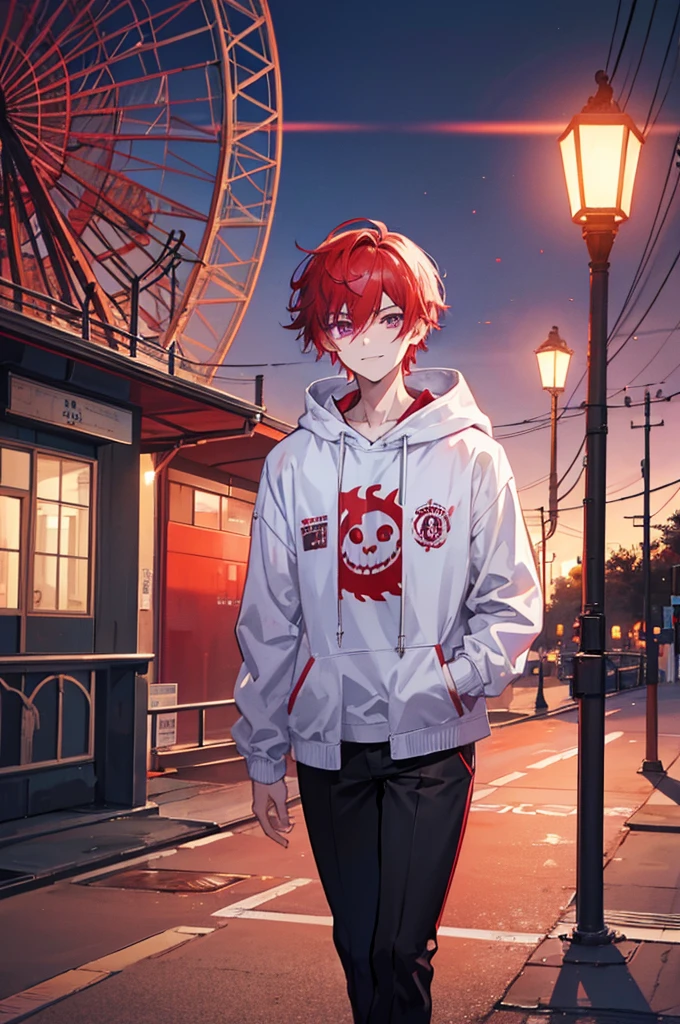 Face through torso, 1man, mature male in his 20s, short hair(Red hair, hair between eyes), sharp and masculine purple eyes(no highlights), sinister smile, mysterious aura like a mastermind behind all events, wearing white hoodie under casual jacket, black pants, controlling red death energy, standing in front of a closed amusement park's Ferris wheel at night with a blood-red moon in the background