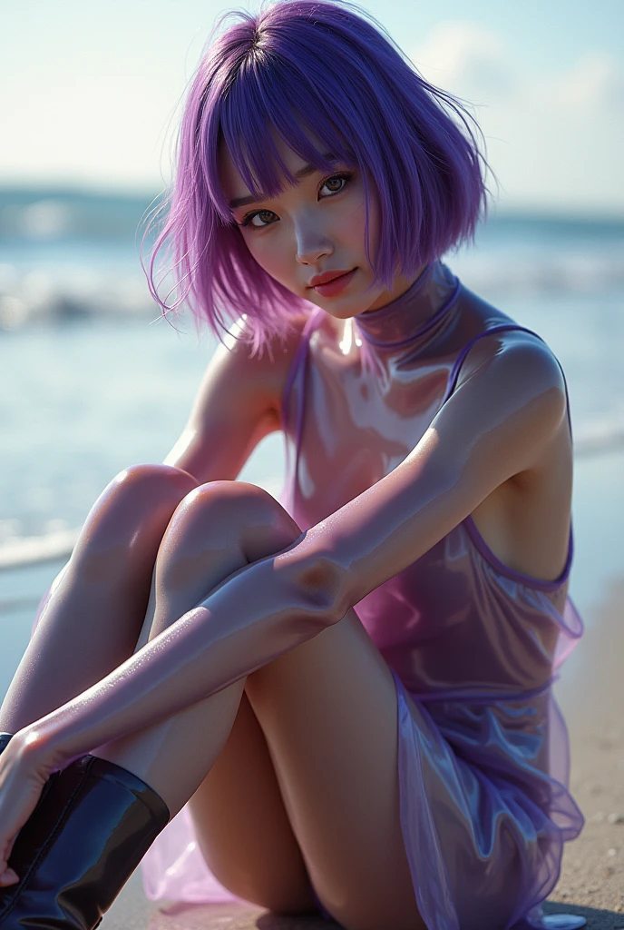 One Girl, irina_enomoto, Ocean, Purple underwear, short hair, Silver Hair, bangs, blue eyes, alone, alone Focus, Focus on women, Face Focus, Enchanting、Swimwear、