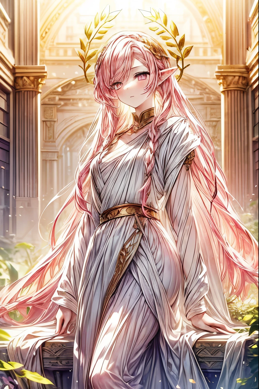 (masterpiece, best quality, perfect face, expressive eyes), 1girl, long pink hair, pink eyes, (elf ears), white goddess attire, full body, elven art, (golden laurel wreath), intricate details, highly detailed, adult, fantasy, cinematic lighting, dramatic shadows, vibrant colors, digital painting, concept art, full body, flower motifs,