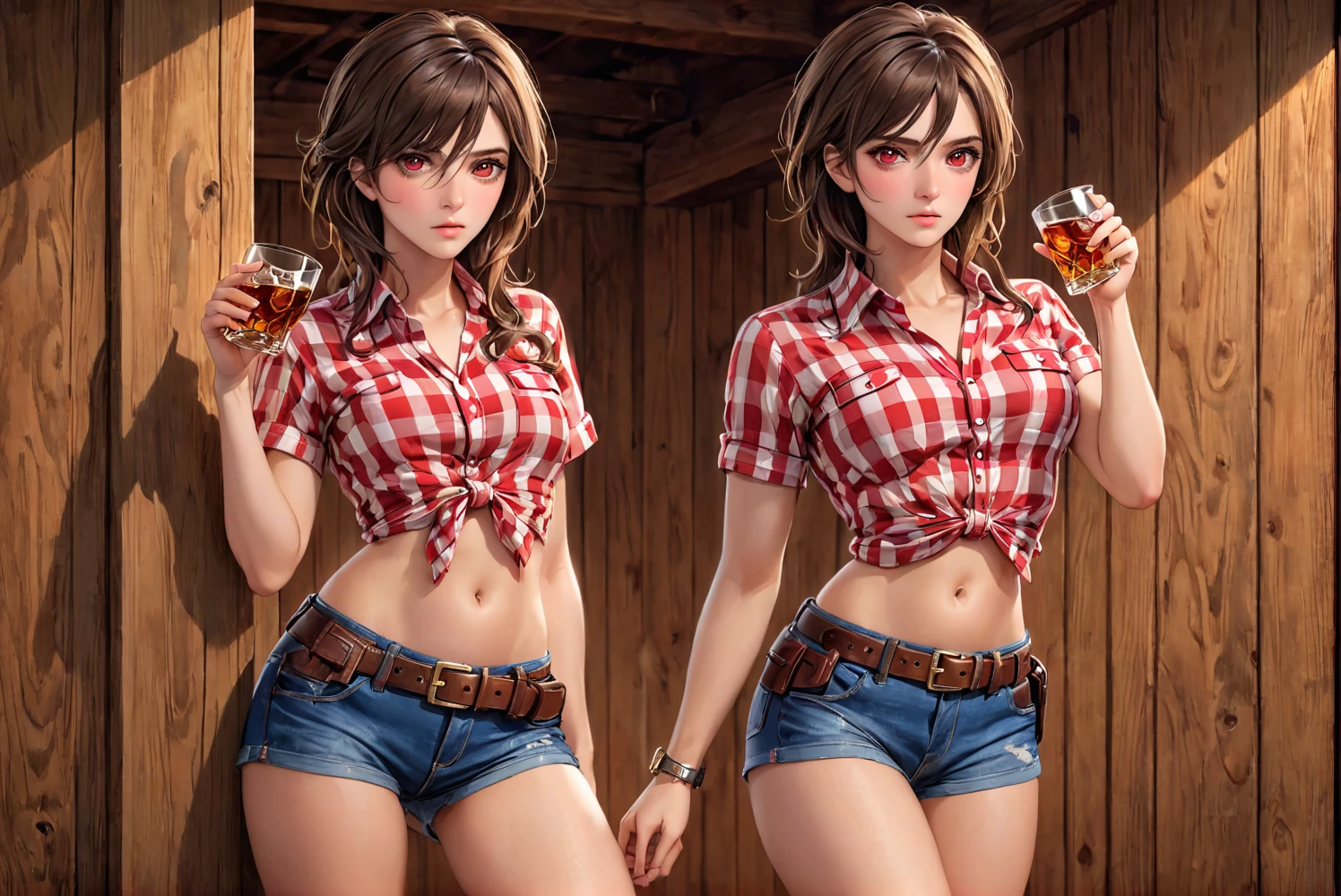 (((１By people:2.0))),(((Female Gunfighter:2.0))),(((NSFW:0.5))),(((Wearing denim hot pants:1.5))),(((Wear a red checked short-sleeved collared shirt:1.5))),(((Wear a gun belt with a holster:1.8))),,((Put the watch on your wrist:1.9)),(((Exposed thin inner thighs))),(((Small breasts:1.5))),(((Navel exposed:1.5))),(((Bare arms))),(((Put on your boots:1.5))),((Blushed:1.8)), Beautiful details, Very detailed目と顔, 緻密でBeautiful Eyes, Very detailed, High resolution, Best Quality, masterpiece, Very detailed, 8K wallpaper, wonderful, finely, Best Quality,(Standing in front of a wooden wall),Beautiful Eyes,((Sad face:1.2))),((Drinking whiskey:1.0)),(((Frightened face:1.5)))