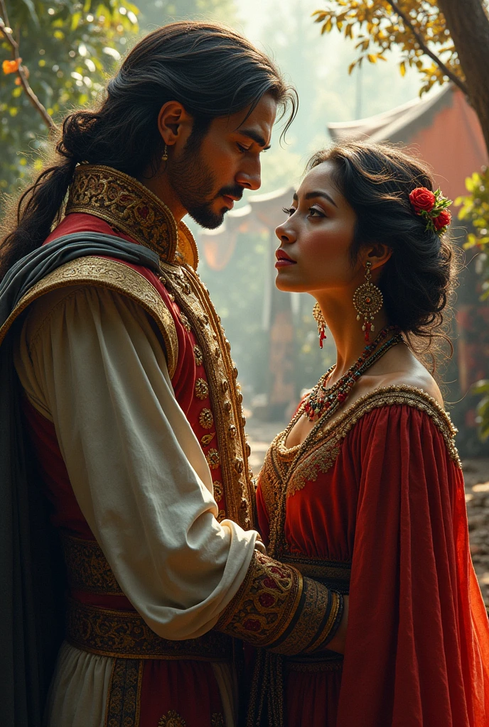 Black long-haired Indian woman and blonde white man hugging and kissing,The background is colored wind and colorful woods,upperbody closeup,The color of the wind,Disney live-action films
