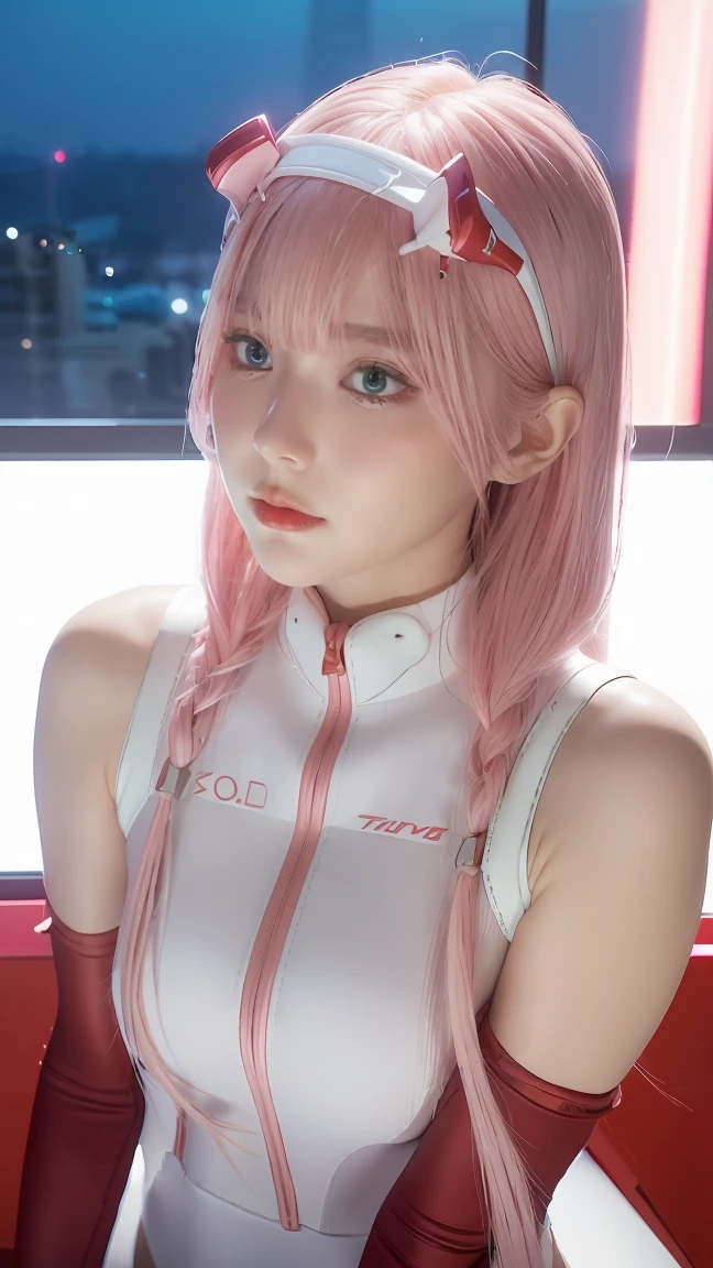 (Overhead view),dynamic angle,ultra-detailed, illustration, close-up, straight on, 1girl, ((Zero two, interface headband with a pair of hornst, red bodysuit:1.4, pink hair)),Her eyes shone like dreamy stars,(glowing eyes:1.233),(beautiful and detailed eyes:1.1),(expressionless, closed mouth),(standing), (mechanic room with tools and spaceship windowin a white SPACESHIP), (night:1.2),dreamy, [[delicate fingers and hands:0.55]::0.85],(detail fingers),