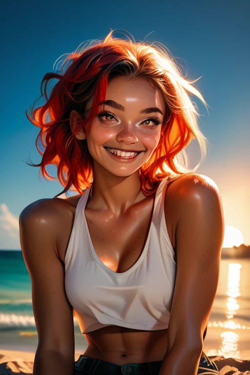 1 college girl; age 18; Slender, athletic; bright red hair; expressive light brown eyes with black pupils; attractive; lightly tanned skin; freckles on face; smiling; very large bust; trending on artstation; complex volumetric lighting; strong shadows; artistic lighting; dynamic; energetic vibe; realistic skin; specular highlights; micro-textures; highly detailed hair; wearing a white tank top; sitting on the beach at sunset with vibrant hues in the sky