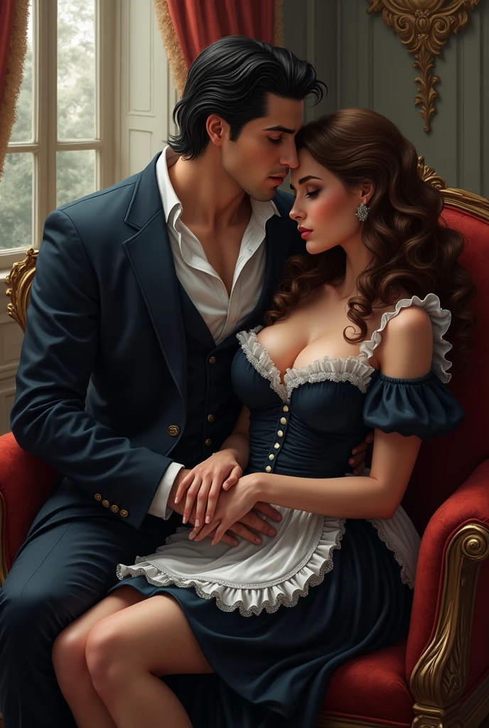 Create the image of a tanned woman with long hair,smooth and very black ,brown eyes,freckles only on the cheeks and nose and a medium-sized pink mouth. She must be wearing a long green dress with puffed sleeves and a black corset and a tanned man with brown hair and hazel eyes.,wearing a white long sleeve shirt with the first two buttons open and without a beard he must be holding it by the waist