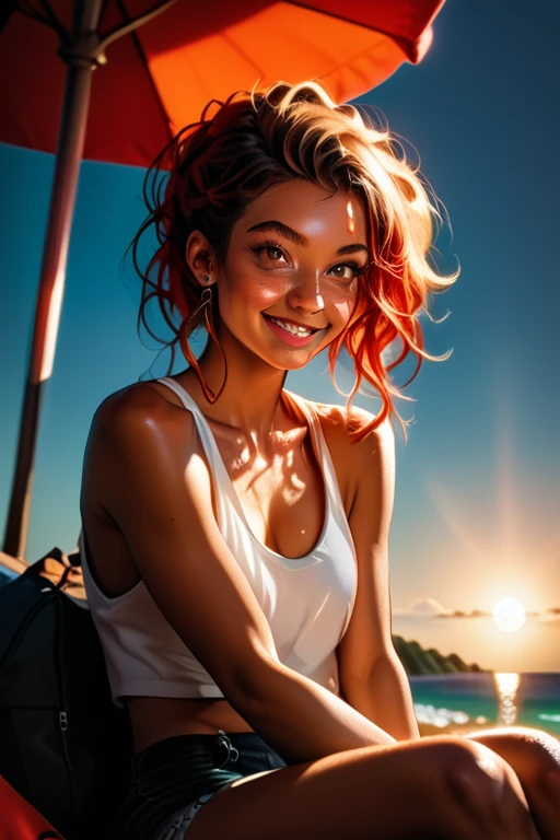 1 college girl; age 18; Slender, athletic; bright red hair; expressive light brown eyes with black pupils; attractive; lightly tanned skin; freckles on face; smiling; very large bust; trending on artstation; complex volumetric lighting; strong shadows; artistic lighting; dynamic; energetic vibe; realistic skin; specular highlights; micro-textures; highly detailed hair; wearing a white tank top; sitting on the beach at sunset with vibrant hues in the sky