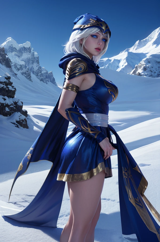 ashe \(league of legends\), (1girl), (solo), (Full body photo), (low angle shot), (masterpiece:1.0), (best quality:1.4), (ultra highres:1.2), (photorealistic:1.4), 8k resolution, absurdres, ultra detailed, sharp focus, (low light: 1.4), photorealistic, Beautiful face with symmetry, Gradient Eyes, Intense crystal light blue eyes, Intense highlighting of the eyes, Slightly bigger eyes, Double eyelids, lipgloss, Full lips, (Perfect Slim Body), big ass, thick thighs, big breasts, (White hair), Blue dress with hood and cape, ((Holding a blue bow)), place with lots of snow and snowy mountains