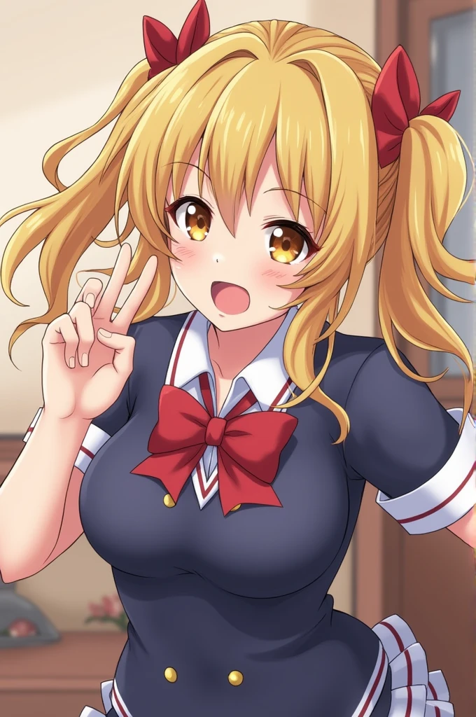 neckline, detailed, High resolution, sensual, Wide hips, 2 girls, Red eyes, blond hair, by the wide, without much schoolgirl clothes, big breasts, improve, Lips, Naughty girl smile, House