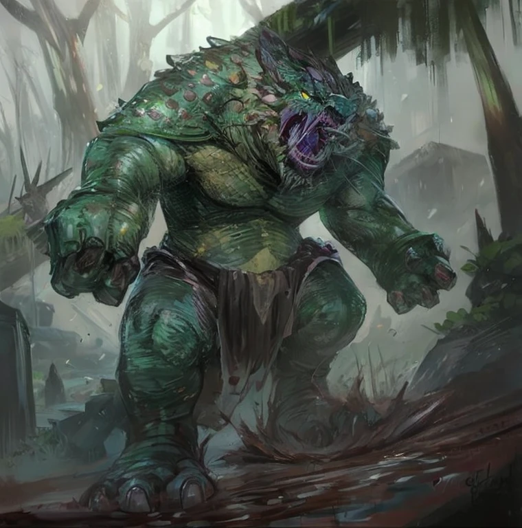 Muscular slime monster lizardfolk, comicbook style, best quality, 4k, ultra-detailed, by laobai, by taran fiddler, by honovy