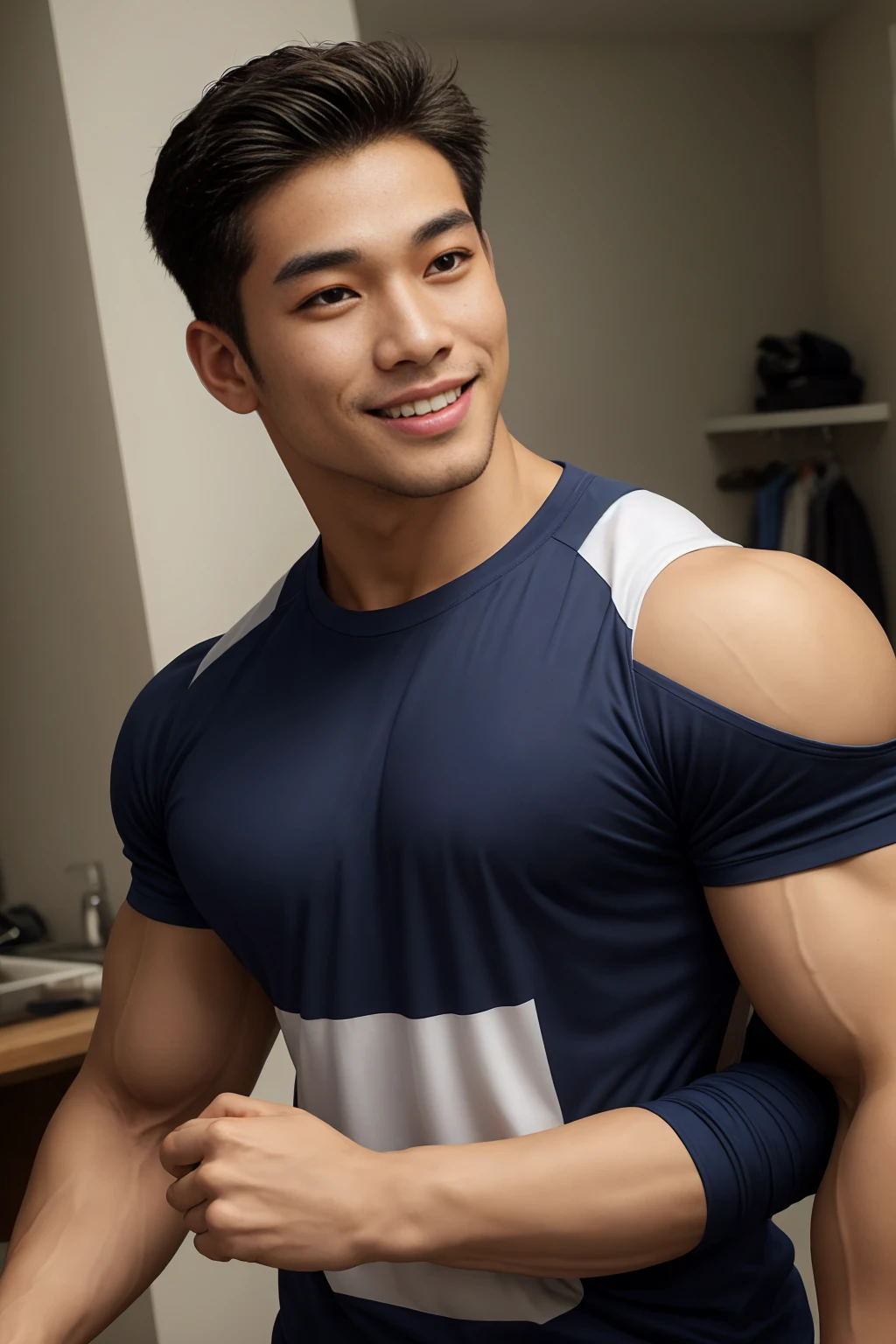 Japanese men、15 years old、Well-developed muscles and smooth skin、Fluffy, voluminous green hair、Boxer briefs、You can see the whole body from head to toe、Smiling softly、Hero Academy