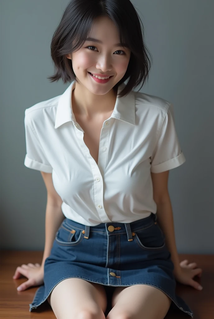 Very cute Japanese office lady、Denim mini skirt、dress shirt、White panties、smile、Please put your feet up、short hair、Gray background、Sit on a chair、Flash photography