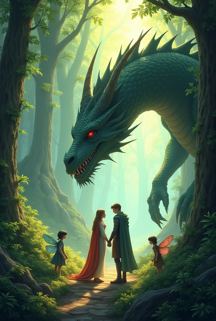 A scene in a cave with an evil witch in a purple dress and black hair casting a spell on a brown-haired prince and a blonde-haired princess in a pink dress, but there is a green dragon that opened its beautiful wings to protect. Black and white image style, cartoonized minimalist, hand drawing line, for coloring