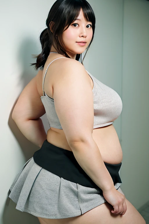 A woman with very large breasts takes a photo, Chubbyちゃん, chic, , Yoshitomo Nara, shikamimi, Chiho, sakimichan, (software) workplace safety, Japanese Goddess, Ayaka cosplay, Orange and black, Ayaka, sakimichan hdri、Being overweight, Very fat, Chubby,4K, High resolution, masterpiece, Best Quality, Fine skin, Sharp focus, (Cinema Lighting)、mini skirt