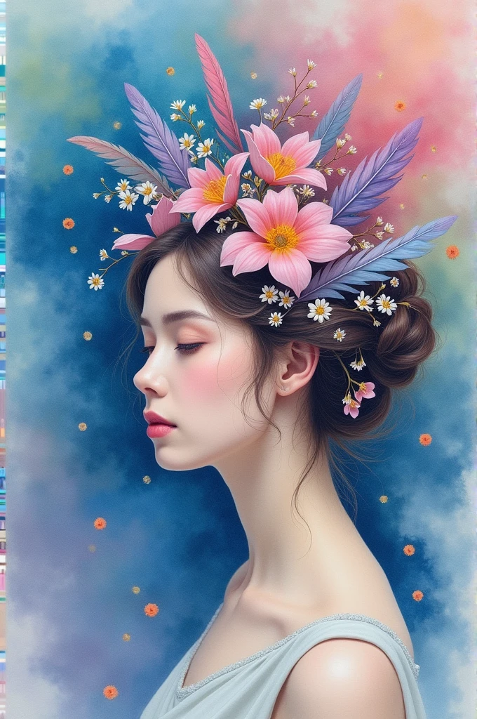A painting of a woman with flowers and feathers on her head and a blue ...