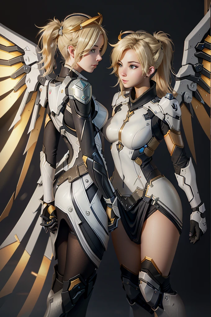 Two girls, League of Legends, Overwatch, (((Lux League of legends))), (((Mercy overwatch))), (((Lux suit league of legends))), (((armored blue dress))), (((demacian armored Lux suit))), (((Mercy suit overwatch))), (((white-orange-black Mercy winged angel suit))), Mercy short ponytail hairstyle, Lux long hairstyle, hair band, Breasts, Blushing, (((Blonde hair))), Blue eyes, (((Mercy wings behind back)))