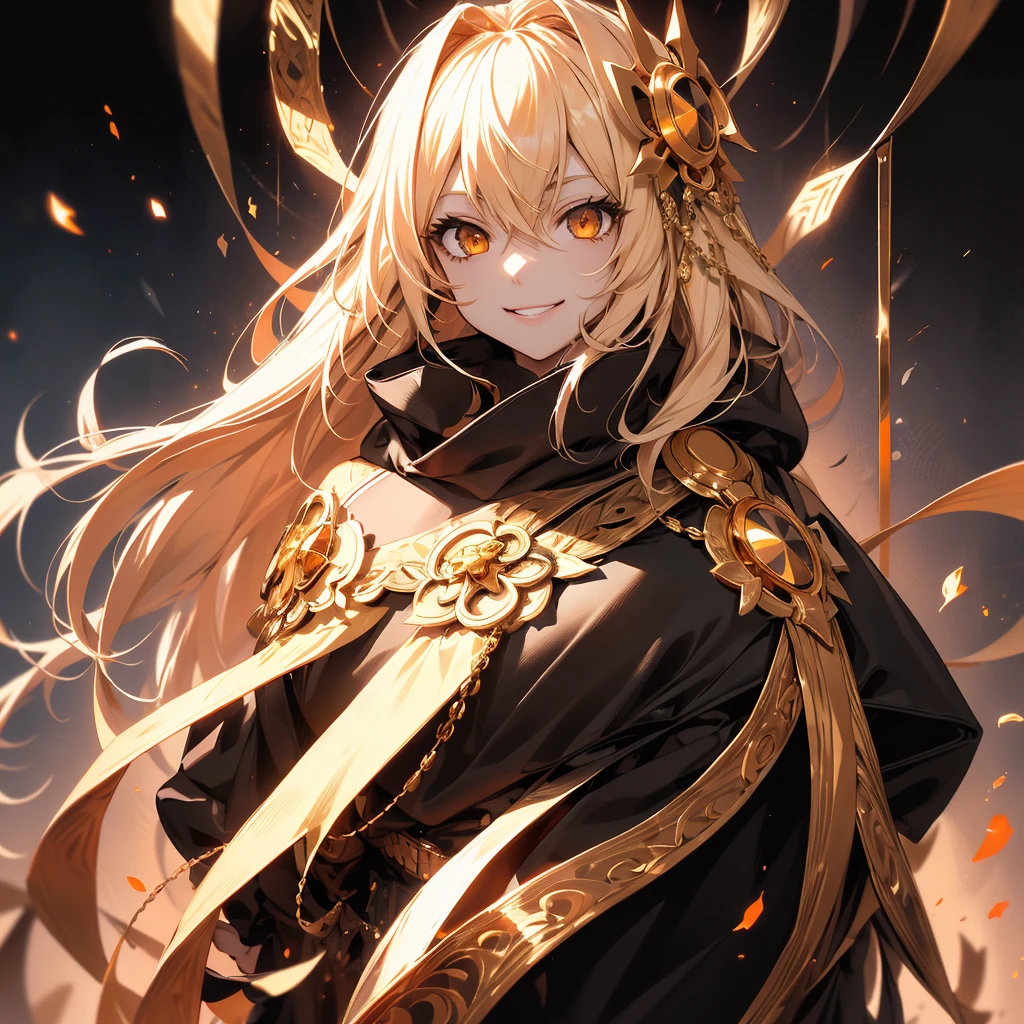 A cruel handsome girl, wearing a white robe lined with gold, she is alchemist, golden flowing hair with psychopath smile, white background