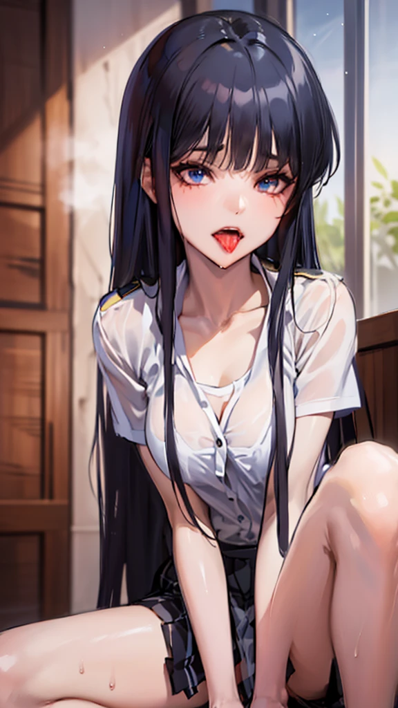 （（super high quality,Ultra-high resolution,4K,8k,super masterpiece,Ultra HD））,Dimly lit bedroom,On the bed,Lying down,One sexy woman,（popped collar White shirts）,High collar,Tight collar,Black hair straight short,Sharp Eyes,Ahegao,smile,blush,sexy,Pearl Earrings,Pearl Necklace,wedding ring,Put your hands on your head,Sweaty,Spread your legs,Big penis,Penis insertion,semen,Drooling,Hold the cell phone to your ear,