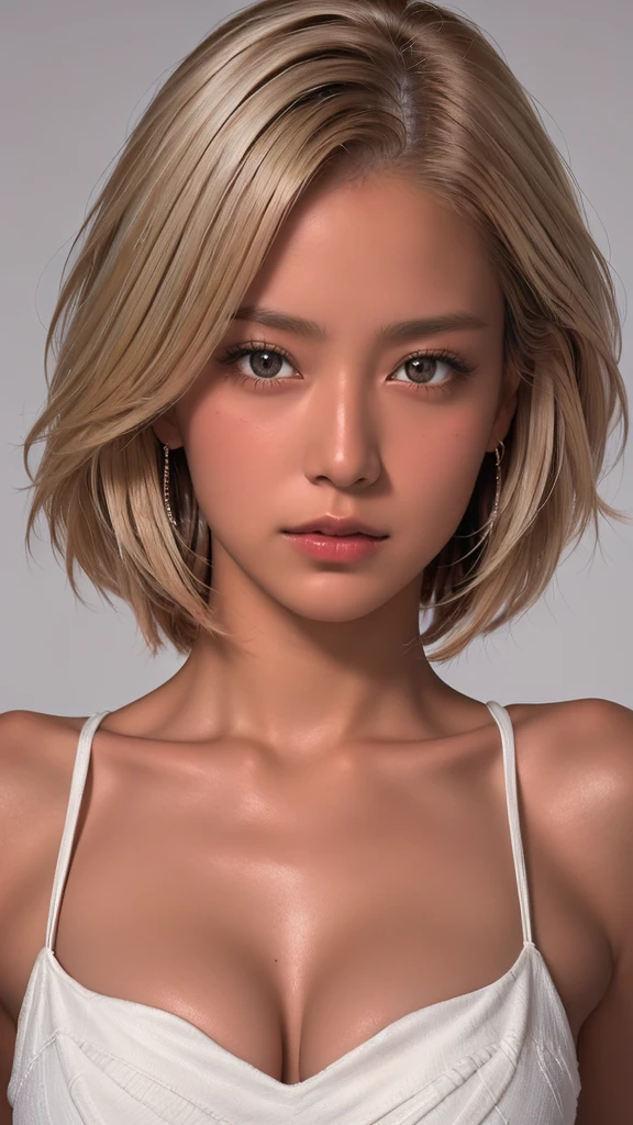 High resolution、masterpiece、Textured skin、high quality、Ultra high definition、Very detailed、woman、Short blonde hair parted in the center、Close-up of face、Looking at the camera、Large Breasts、Perfect Style、Long legs、