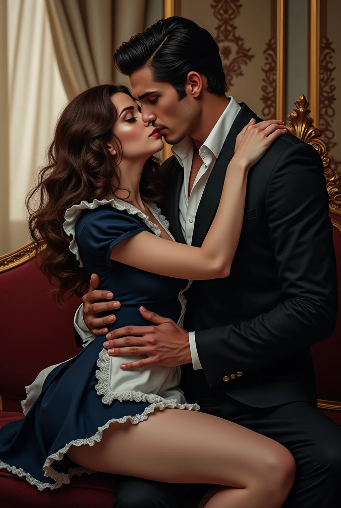 25 year-old aristocratic model girl with brunette hair and eyes closed, screamin of pleausure in Austrian velvet royal clothes, on a Austrian luxory bedroom , makin love with a man, ((white leather gloves)) ((she is on her knees)) (( possessed from behind )) (( the man is holding her hair strongly from behind))