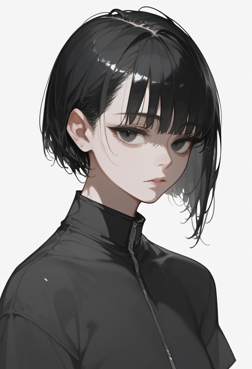 Girl 1, short black hair cut, empty black eyes, photographed at the level of the face