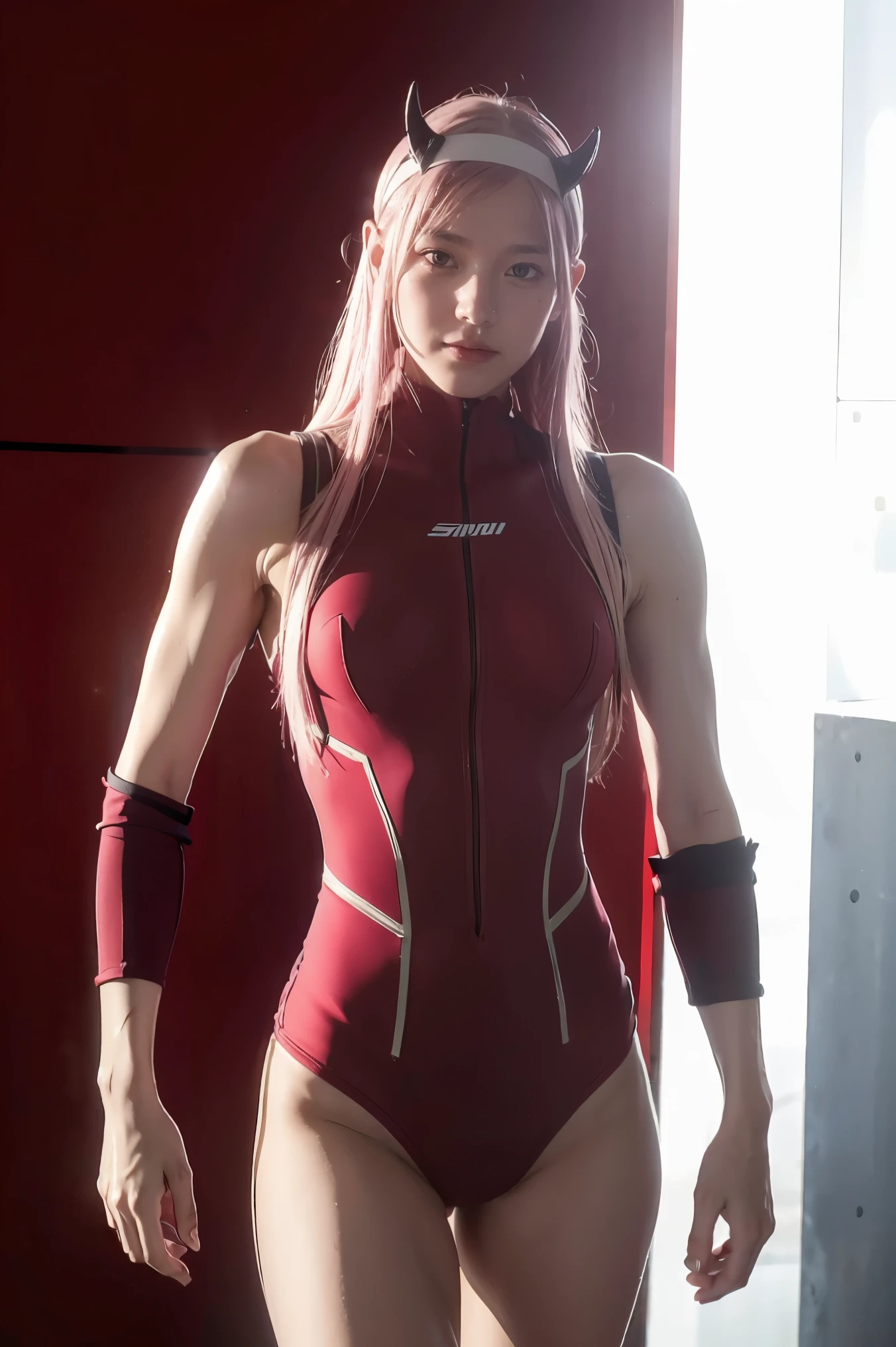 A beautiful woman with a thin, athletic body wearing a tight,red spandex bodysuit, posing as a top model, full body shot, (best quality,4k,8k,highres,masterpiece:1.2),ultra-detailed,(realistic,photorealistic,photo-realistic:1.37),intricate details, advanced technology, futuristic gadgets, dynamic lighting, cinematic, dramatic composition, pink hair, headband with a pair of horns,