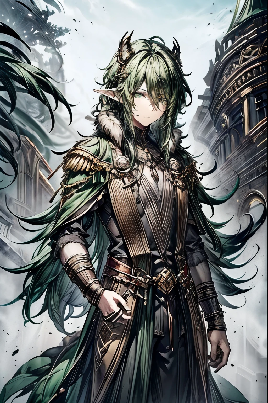 (masterpiece, best quality, perfect face, expressive eyes), 1boy, (male), long green hair, green eyes, elven ears, brown fur-trimmed green cloak, green and brown coat, elven art, (black wreath), intricate details, highly detailed, adult, fantasy, cinematic lighting, dramatic shadows, vibrant colors, digital painting, concept art, full body, 