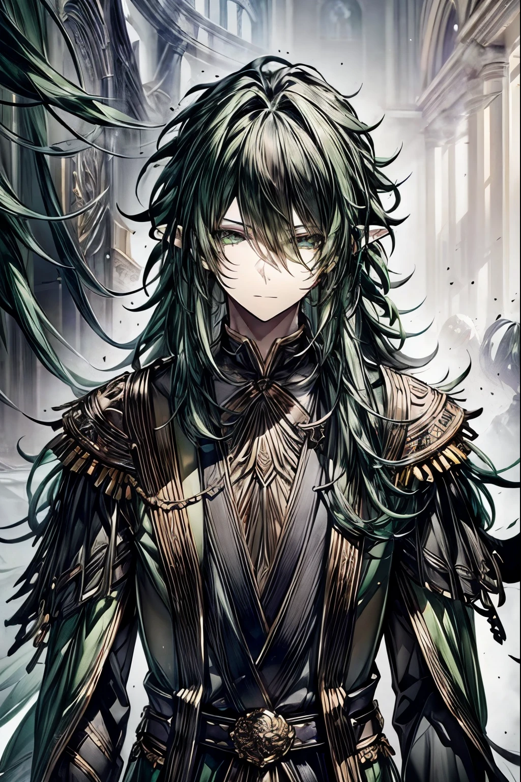 (masterpiece, best quality, perfect face, expressive eyes), 1boy, (male), long green hair, green eyes, elven ears, brown fur-trimmed green cloak, green and brown coat, elven art, (black wreath), intricate details, highly detailed, adult, fantasy, cinematic lighting, dramatic shadows, vibrant colors, digital painting, concept art, full body, 