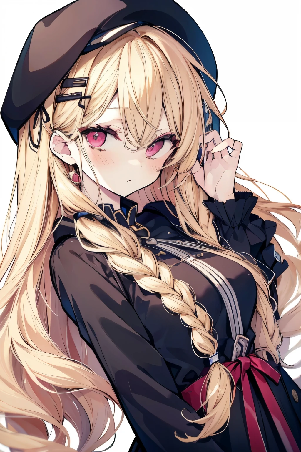 High resolution, Best Quality, masterpiece, Ultra-precision,Character Portrait,One girl, solo,adult,Look at, Beautiful Face,((Golden Hair)),Two low-hanging braids on either side,Voluminous braids, ((Red eyes)),Fine slanted eyes,Long eyelashes,A little blush,Open your mouth a little, Black clothing,Slender figure, Large Breasts, ((Simple Background)),Concept Art,Remove the hood,