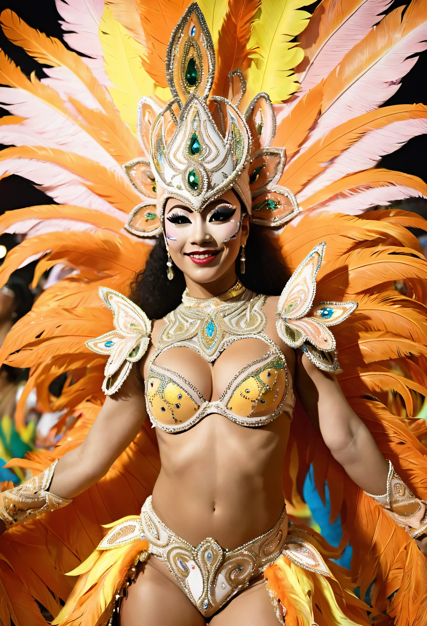 dynamic angle,  cowboy shot photo of stunning beautiful latina woman dancing in carnival, beautiful face, realistic face, looking at viewer,  long straight  black hair, glossy skin,  Bubble Butt, detailed samba dance dress, feather wings, background rio de janeiro streets at night, city  lights, volumetric light , HDR, hd, stunning, 4k,Intricately detailed, cinematic, agfacolor, detailed, colorful, 50mm, F/2.8,  super detailed,  <lora:sambaDanceDress_v10:0.7>