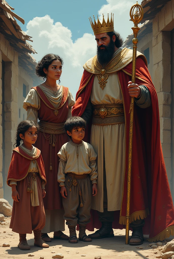 In the image, we can see in a super realistic way an ancient scenario, going back to the time of Moses. 3 boys and 2 girls together with their mother, approximately 6 years old, are in the center of the scene, wearing a bright red. He is depicted standing with his hands on his hips and a curious, determined look on his youthful face. (cinematic) (in 4k)