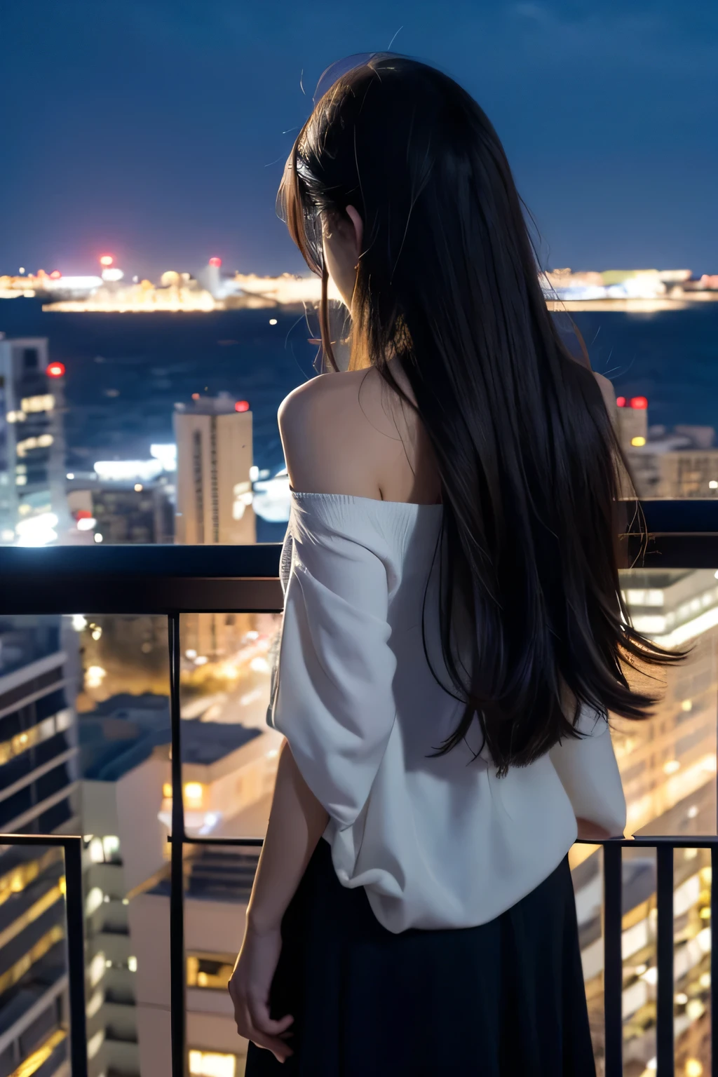 “A high-resolution, dynamic landscape scene from a bird’s-eye view, featuring a long-haired black-haired beauty sitting on the rooftop of a skyscraper, looking down. Her hair floats in the wind, and she is seen from behind. The scene captures a cityscape with tall buildings, under a vast sky with clouds and a sunset. The image should have detailed, movie-like lighting and colors.”