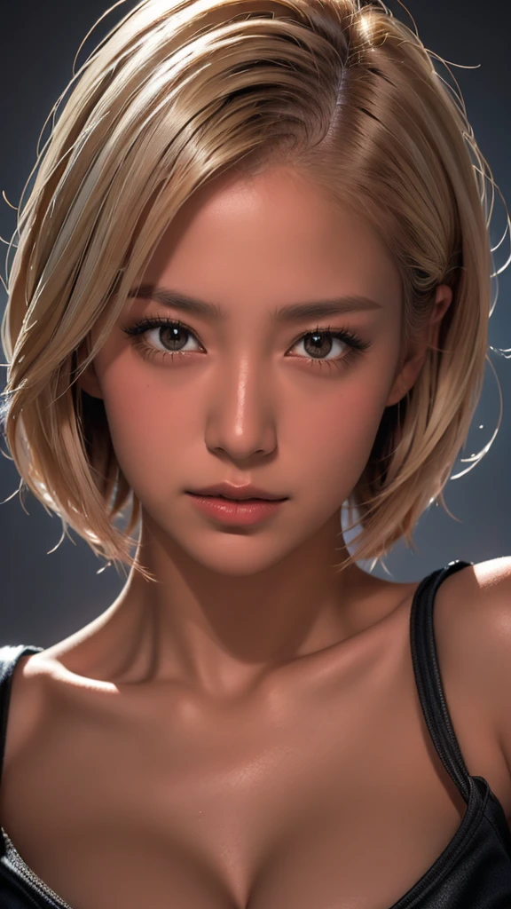 High resolution、masterpiece、Textured skin、high quality、Ultra high definition、Very detailed、woman、Short blonde hair parted in the center、Close-up of face、Looking at the camera、Large Breasts、Perfect Style、Long legs、Superhero、マント付きのSuperheroスーツ、