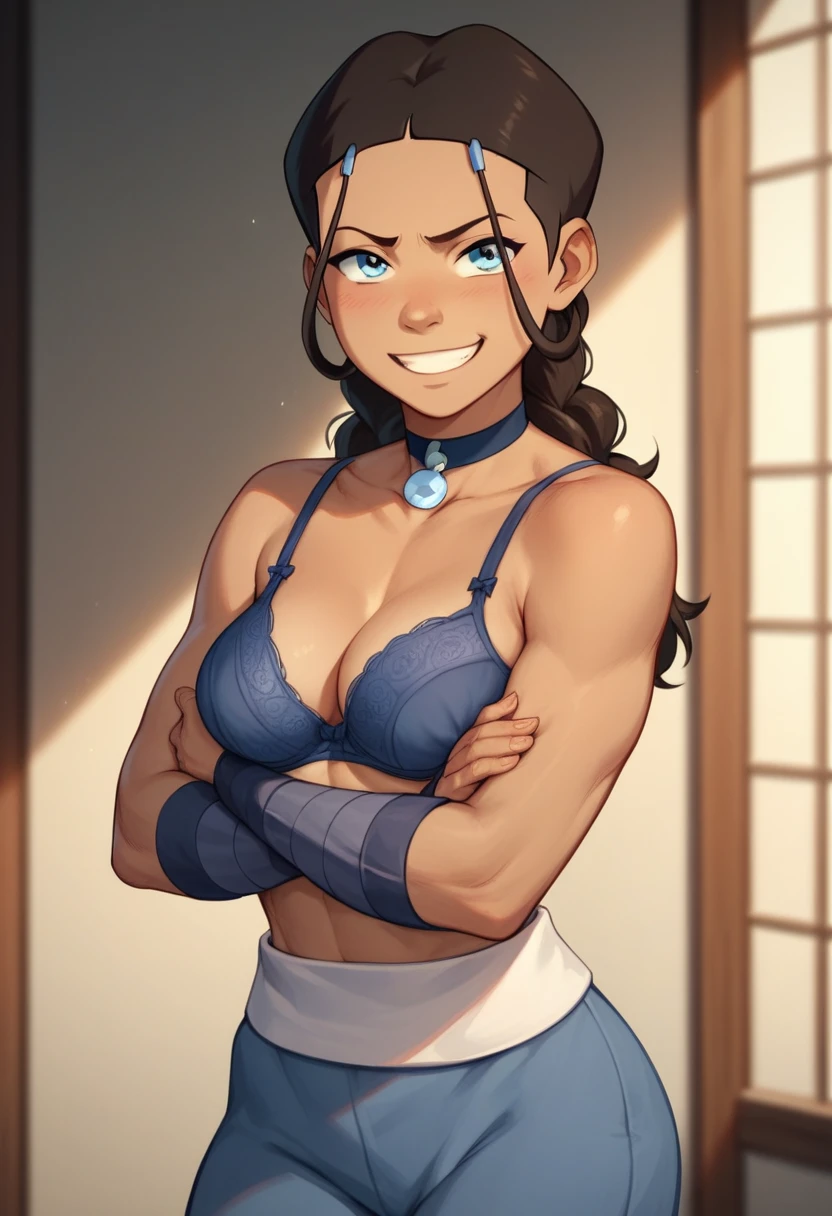 score_9, score_8_up, score_7_up, score_9, BREAK, katara, blue dress, smile, dark skinned female, brown hair, simple background, 2D, medium shot, large breasts, nipples, breasts hanging out from collar,