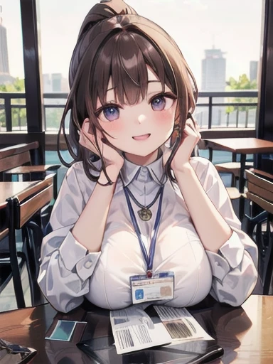 In restaurant, table, ice cream, cookie, candy, milk, restaurant, High resolution, 8k, masterpiece, Highest quality, One girl, Curled brown hair, ponytail, Mature Woman, OL, Business Girl, White shirt, Nameplate, ID card, Earrings, necklace, Bare Chest, Large Breasts, Huge breasts, breasts on table, breastplate, elbows on table, Elbow rest, Chin rest, Open your mouth, Smile