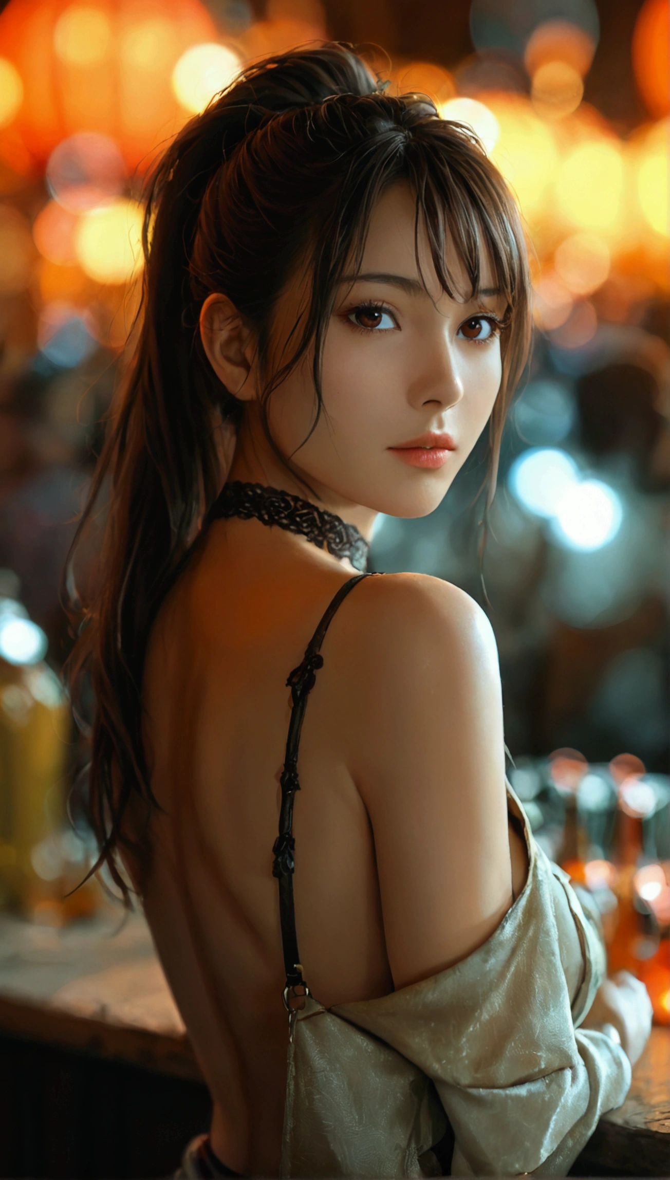 core_9, score_8_up, score_7_up, 1girl, solo, long hair, saghing breasts, looking at viewer, medium breasts, brown hair, bare shoulders, brown eyes, closed mouth, upper body, ponytail, japanese clothes, sleeveless, choker, blurry, arm up, lips, parted bangs, sash, blurry background, high ponytail, nude, A sultry blonde bombshell, with luscious locks and subtle blond tips, sashays shamelessly across the dimly lit bar. Shallow depth of field and Chiaroscuro Lighting Style create a dramatic atmosphere, partially covering her in shadow. The crowd blends into the background as she strikes a provocative pose, bathed in a warm glow, (extremely soft breasts, breasts apart), Lens flare: 0.4, Cinematic Bokeh: 1.3,Expressiveh,concept art,dark theme,Painstaking Attention To Details