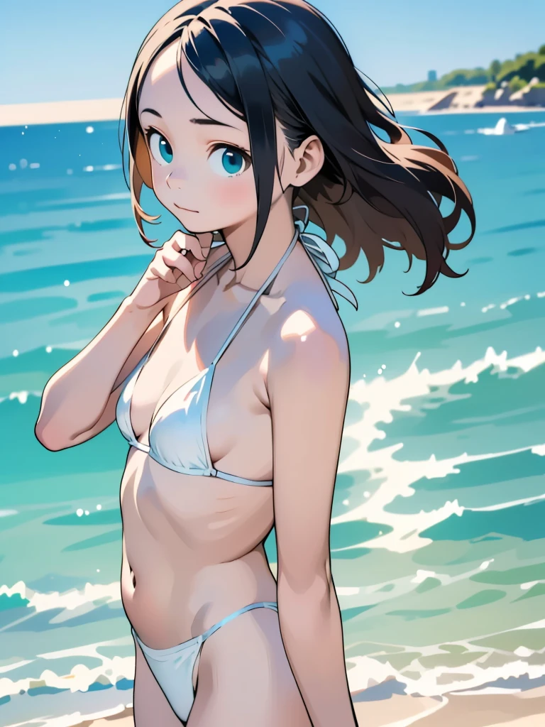 (****ars old:1.4),(Very Young Face), (japan Person femes idol), 1girl, 1girl, (white micro bikini style:1.4), Stroll along the seaside, sunshine, (masterpiece:1.0),(best_quality:1.0), ultra high res,4K,ultra-detailed, photography, 8K, HDR, highres, (perfect anatomy:1.2),(Beauty of form:1.4) Golden ratio, big eye,