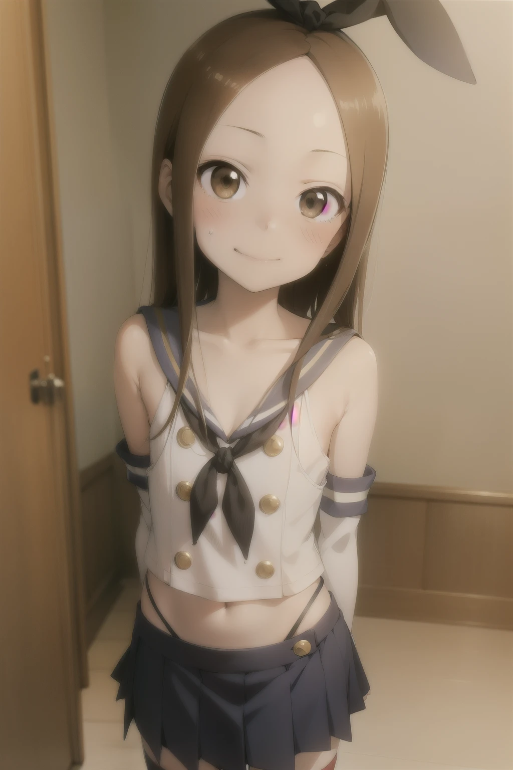 Anime style, takagi-san , hair  ,childshi body ,  smug face , blush,  flat chest , Shimakaze Cosplay , mini-skirt,  striped thighhighs 