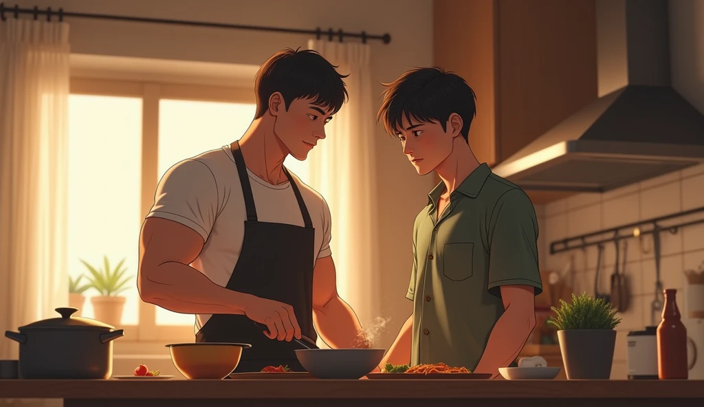 High image quality, two beautiful men, delicate eyes, thin muscular, tall, random hairstyle, rough clothes, kitchen, cooking, lovely eyes, window, soft sunlight, romantic,