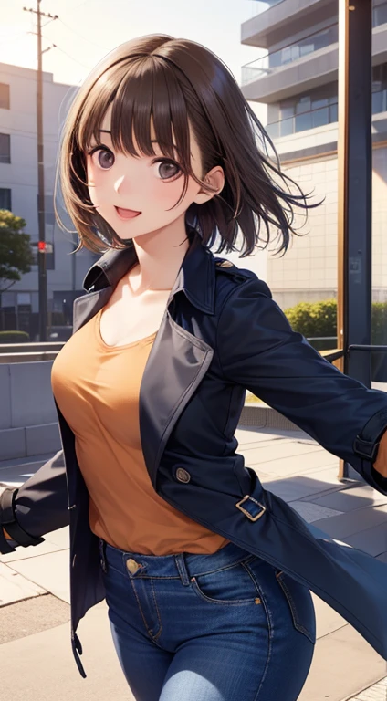 my grandmother、Shiny brown hair, Short Hair, (Beautiful brown eyes、Sparkling eyes, Fine grain)、smile、Ultra-detailed eyes、Highly detailed face, Highly detailed eyes,Cowboy Shot、


(masterpiece:1.2, Best Quality), (Realistic, photoRealistic:1.4), Beautiful illustrations, (Natural Side Lighting, Cinema Lighting), nsfw, 
View your viewers, (Face Focus, Upper Body), Front View:1.0, 1 girl, Japanese, office lady, Age 27, Perfect Face, Cute and symmetrical face, Shiny skin, 
(Short Hair, Pixie Cut Hairstyles, Flip Hair, Brown Hair),  Light brown eyes, Long eyelashes, (Medium chest), thin, 
Beautiful Hair, Beautiful Face, Beautiful detailed eyes, Beautiful clavicle, Beautiful body, Beautiful breasts, Beautiful thighs, Beautiful legs, beautiful fingers, 
((Trench coat, break Dark orange T-shirt, Denim pants)), 
(Beautiful views), evening, (Outside the park), Standing, Outstretched arms, (素敵なsmile, Open your mouth),