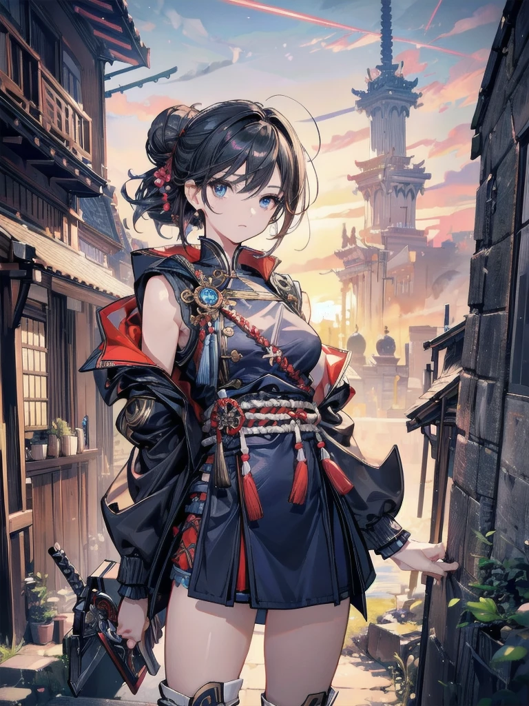 Roppongi, samurai, samurai, whole body, ako roninshi, distant view, from afar, near future, futuristic city, mohri garden, cherry blossoms, masterpiece, top quality, intricate detail, absurdity, soft lighting, very elaborate, elaborate detail, cinematic, realistic background, high resolution, film particles, surreal, high resolution, drone, realistic lighting, beautiful graphics, vision (wide angle lens), ultra high resolution ( Realism: 1.4), super high quality, realism, high detail, detail enhancement, magnificent clouds, fantasy clouds, clean lines, inspired by the beauty of Japan ukiyo-e, delicate lines