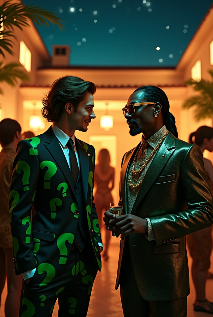 Daniel Radcliffe wearing a black and green questions marks printed in his suit talking to Snoop Dog wearing sliver sunglasses suit and wearing a black and golden suit at a marijuana themed party inside a malibu mansion, night time