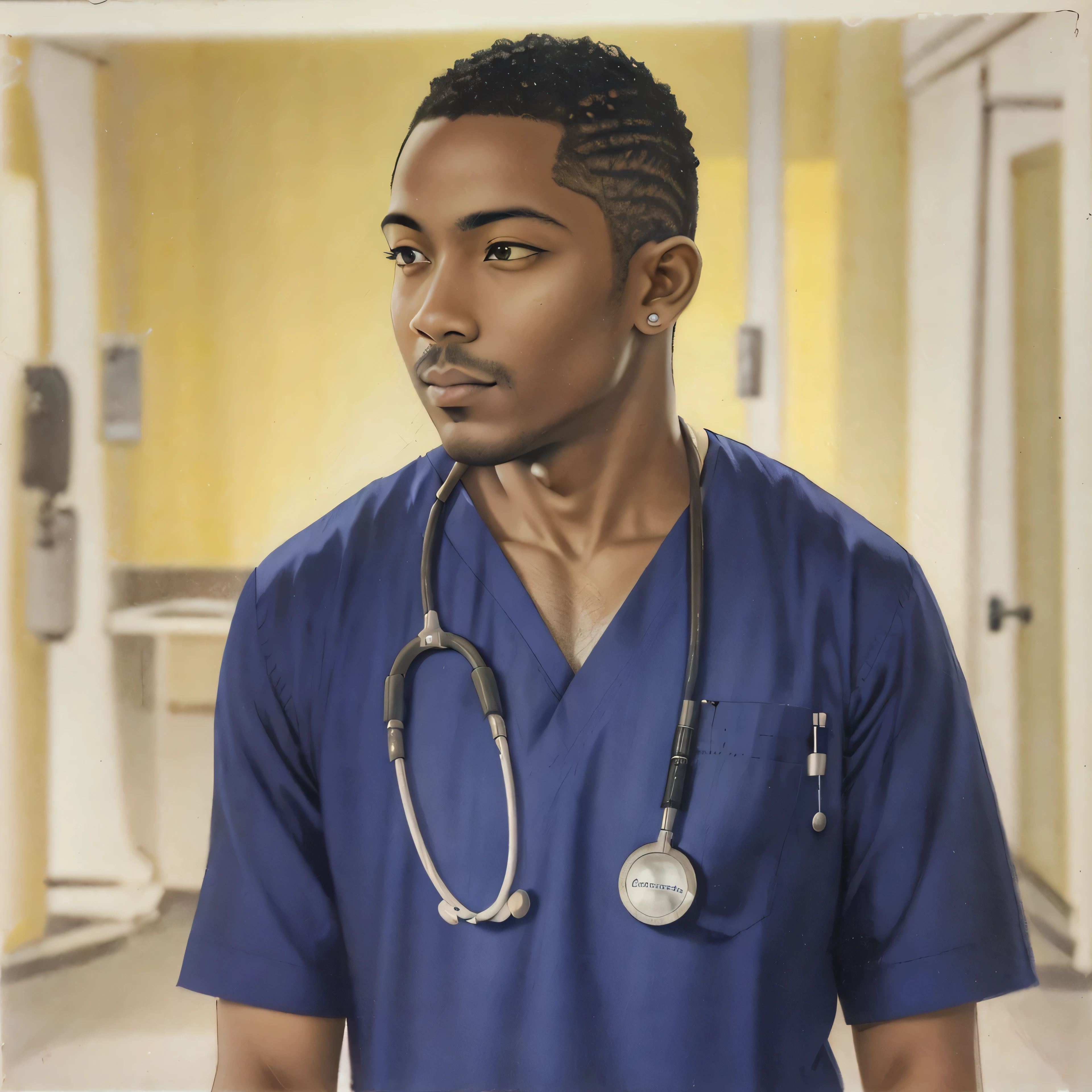 arafed male in scrubs and a stethoscope standing in a hospital hallway, healthcare worker, doctor, medical doctor, nursing, (doctor), with a stethoscope, david uzochukwu, at the hospital in patient gown, male physician, surgeon, album photo, nuri iyem, profile image, profile shot, the doctor, absolutely outstanding imageHD, (Best Detail), (Best Quality), Vintage Poster, Traditional Media,