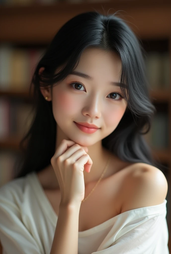 (highest quality, 8k, 32k, masterpiece, Ultra-high resolution:1.2),Beautiful Japanese Women Photos, （D cup breasts:1.4), Very short bob hair,Upper Body,Face Focus,（Grey sweater：1.5）,（Pearl Necklace:1.4), （Large library bookshelf in the background:1.3), （smile:1.5）, View your audience, (((naked)))