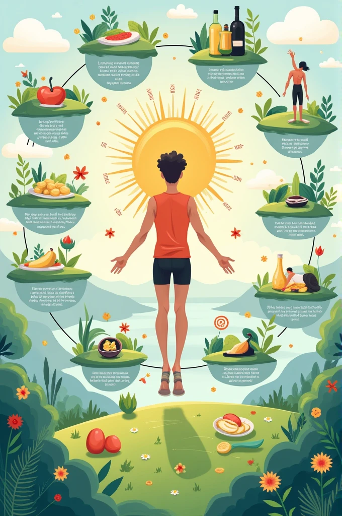 Montage of healthy foods forming the silhouette of a human body. In the center, a scale in balance with a heart on one side and an apple on the other. Clean and vibrant style, focusing on visual harmony, high definition, realistic style, cinematic style, soft colors. Photorealism style, high resolution, 8k