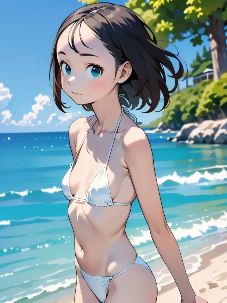 (****ars old:1.4),(Very Young Face), (japan Person femes idol), 1girl, 1girl, (white micro bikini style:1.4), Stroll along the seaside, sunshine, (masterpiece:1.0),(best_quality:1.0), ultra high res,4K,ultra-detailed, photography, 8K, HDR, highres, (perfect anatomy:1.2),(Beauty of form:1.4) Golden ratio, big eye,