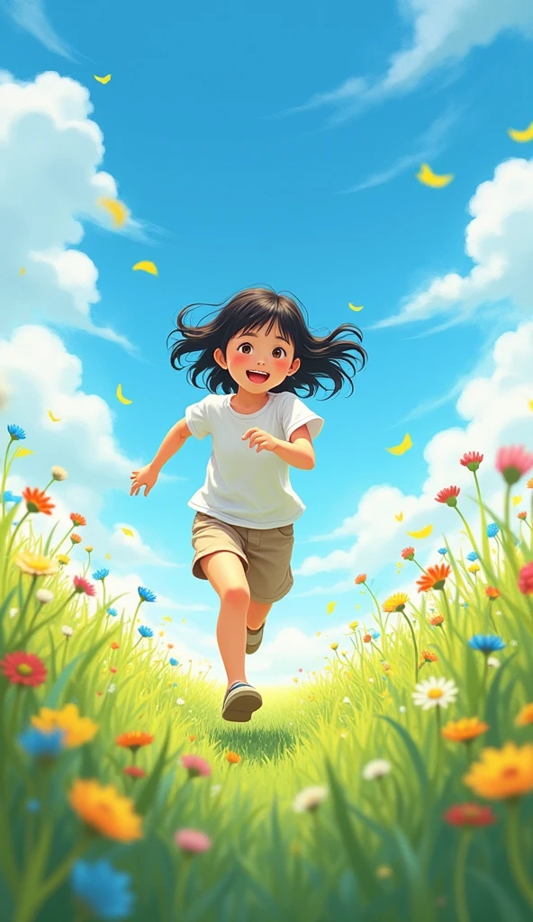 Draw a smiling , with large, bright eyes, rosy cheeks, and messy hair. She's wearing a colorful T-shirt with animal prints, short shorts and striped socks. On the feet, the child is wearing colorful sneakers and tied in a fun way. Plus, she's got a funny cap on her head and holds a heart-shaped balloon in her hands. The child is jumping for joy, with his arms up, and around him there are small birds and butterflies flying. The backdrop in the background is a green lawn with colorful flowers. --auto