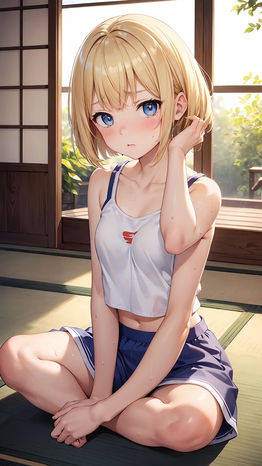 high schooligh school girl, raising both hands, white tank top shoulders visible, lower breasts protruding from tank top, Japanese-style room, inn, on futon, athletics, beautiful girl, short hair, clear white skin, blonde, small breasts, beautiful legs, red cheeks, exposed belly button, expression of defiance, lying on her back His eyes are open Composition viewed from directly above He is sweating profusely His whole body is visible His hair is wild and disheveled